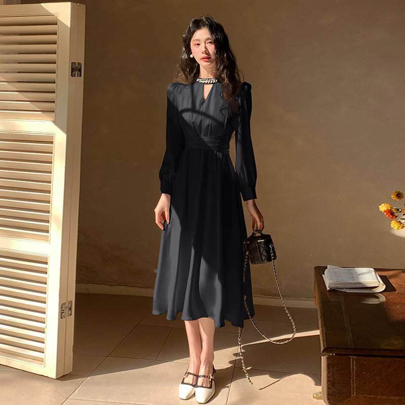 法式字裙2025春夏新款款长袖连衣5602 实裙收腰显瘦女醋气质酸A缎