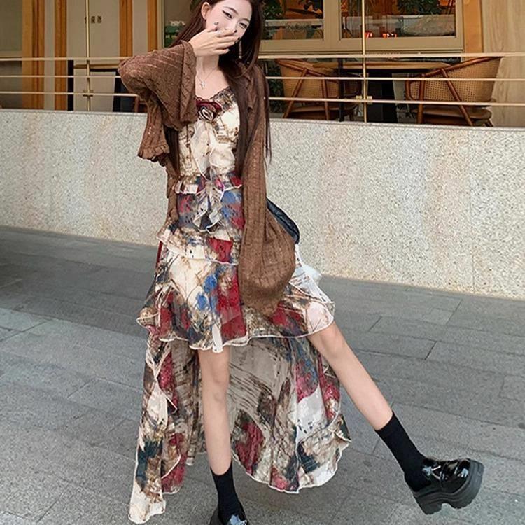 仙女复古画报油画风吊带裙氛围感拖尾燕尾裙连衣裙蕾丝开衫两件套