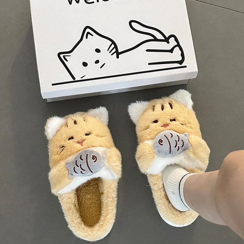 猫咪毛绒拖鞋棉拖鞋冬季女款一字拖保暖家居拖鞋可爱软底可外穿