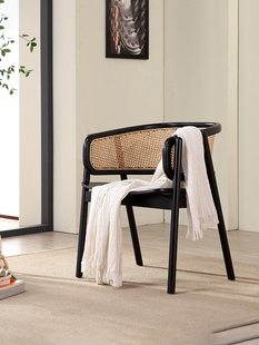 实木复古藤编餐椅家用设计师简约休闲围椅北欧创意靠背书桌椅茶椅