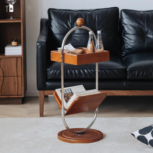 可移动边茶几中复古创意床头沙发实木包豪斯不锈钢双层书报置物架