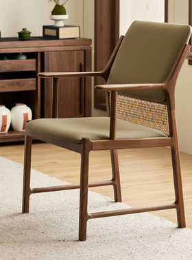 新中式黑胡桃藤编实木扶手餐桌椅子飞燕软包宋代美学茶室书房主人