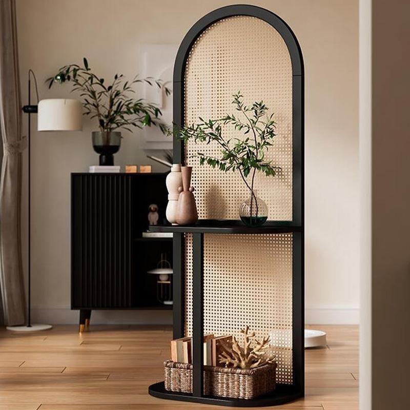 日式藤编屏风隔断客厅入户实木座屏中古玄关柜置物架移动轻奢高级