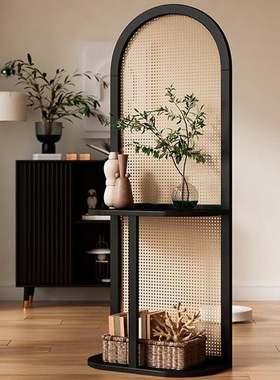日式藤编屏风隔断客厅入户实木座屏中古玄关柜置物架移动轻奢高级