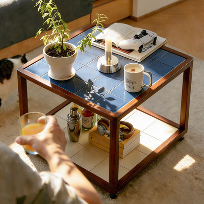 北欧包豪斯中古风钢化玻璃棋盘茶几实木双层储物滚轮移动方形矮桌