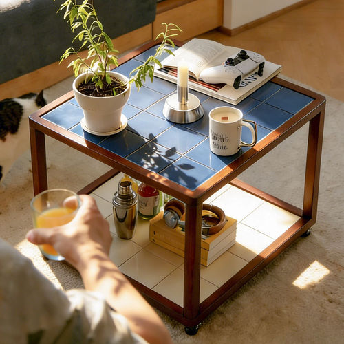 北欧包豪斯中古风钢化玻璃棋盘茶几实木双层储物滚轮移动方形矮桌