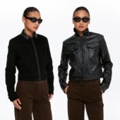 oneup油蜡感双面穿灯芯绒外套女秋冬美式 复古翻领短款 黑色夹克