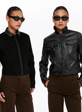 oneup油蜡感双面穿灯芯绒外套女秋冬美式复古翻领短款黑色夹克