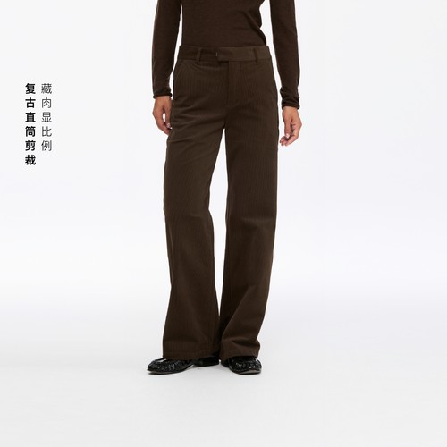 直筒棕色灯芯绒休闲裤子