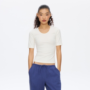 五分袖 oneup螺纹弹力修身 简约纯色中袖 t恤女春季 通勤上衣 U领短袖