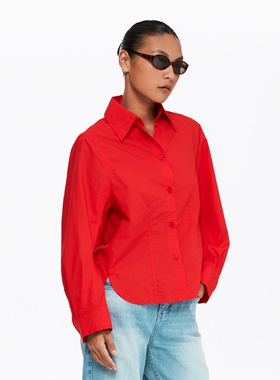 oneup纯棉宽松花苞袖弯刀袖衬衫外套女秋季美式红色衬衣开衫上衣