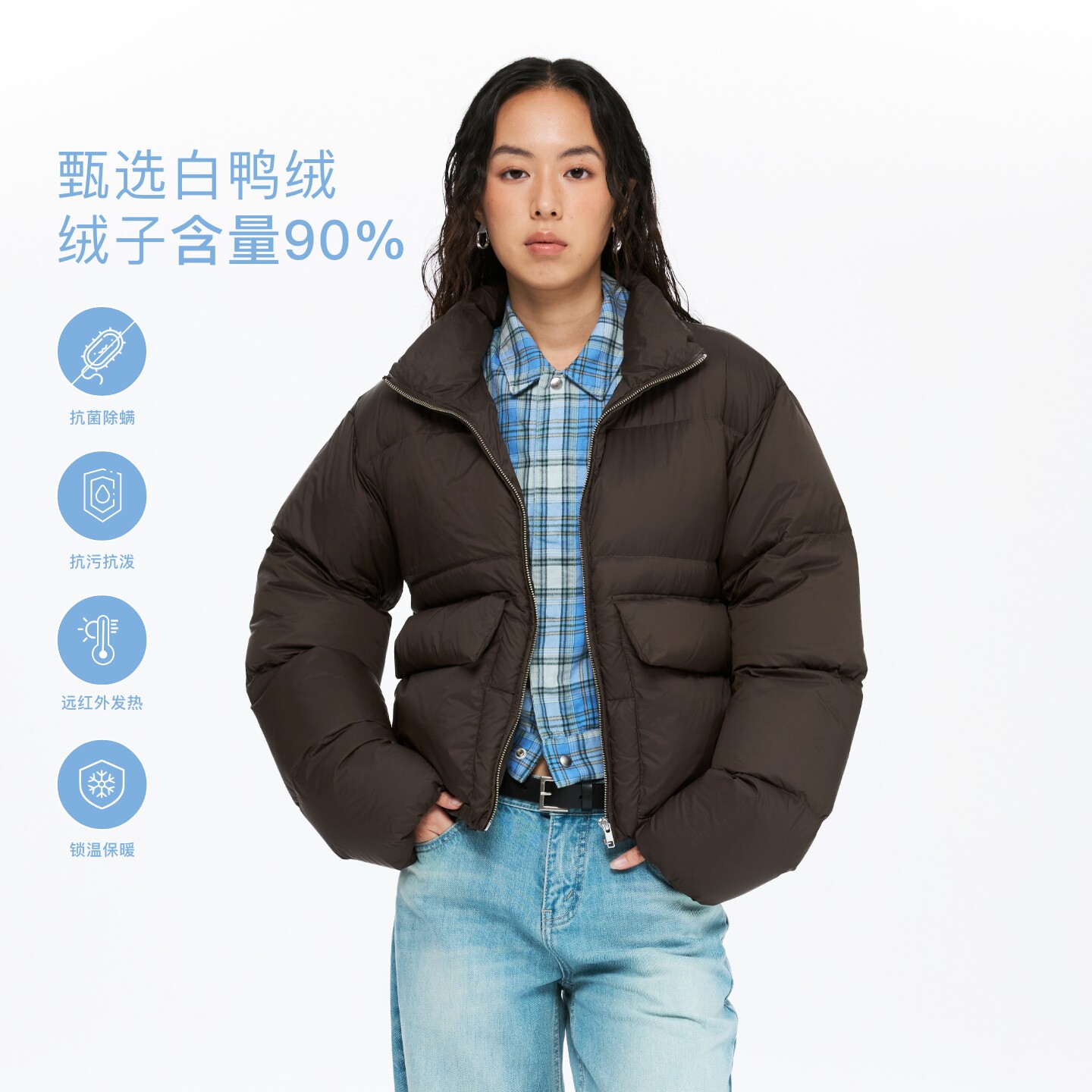 oneup90白鸭绒短款立领羽绒服女冬季宽松面包服工装风拉链外套qc