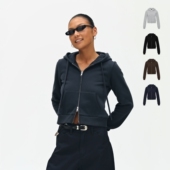 灰色修身 短款 连帽卫衣外套女春秋小个子开衫 oneup美式 拉链帽衫