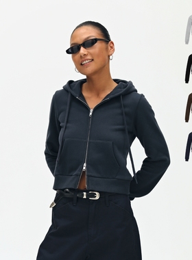 oneup美式灰色修身短款连帽卫衣外套女秋季小个子开衫拉链帽衫