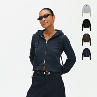 灰色修身 拉链帽衫 短款 小个子开衫 连帽卫衣外套女秋季 oneup美式