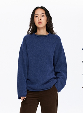 oneup亲肤柔软100%羊毛卷边圆领毛衣女秋冬宽松慵懒高级感针织衫