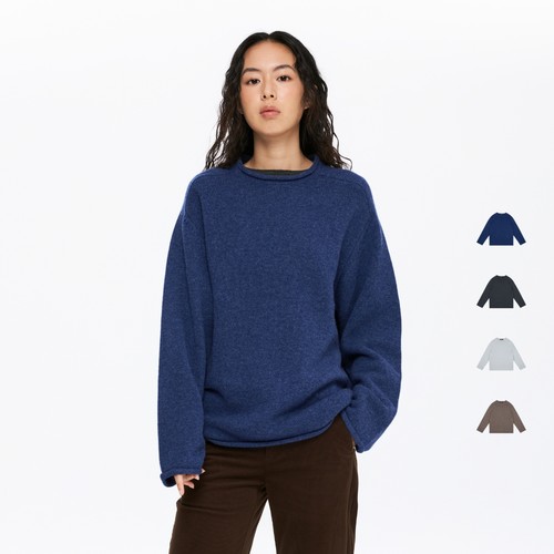 100%羊毛卷边圆领毛衣