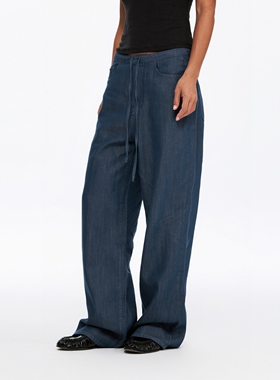 oneup天丝莱赛尔松紧腰抽绳牛仔裤女春季宽松直筒阔腿裤休闲长裤