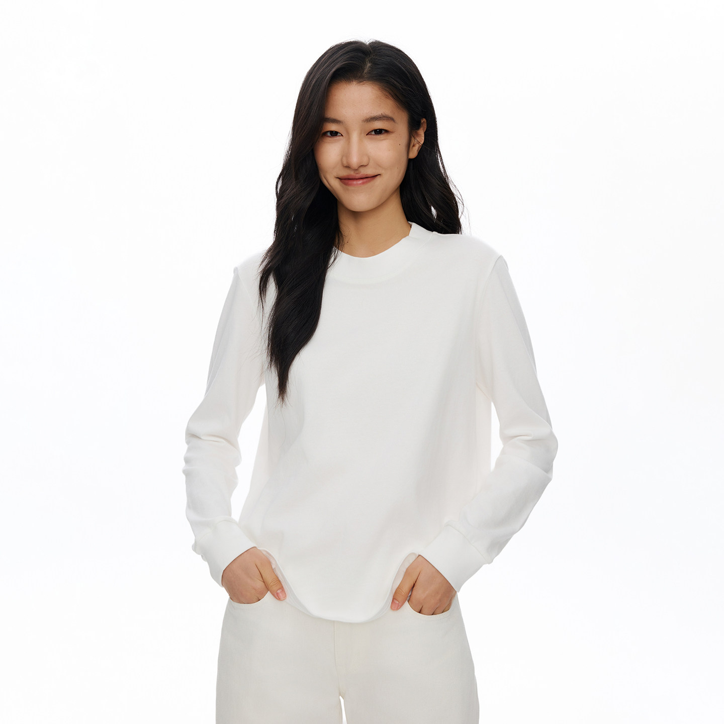 oneup全棉宽螺纹领简约打底衫宽松显瘦白色长袖t恤运动瑜伽上衣女