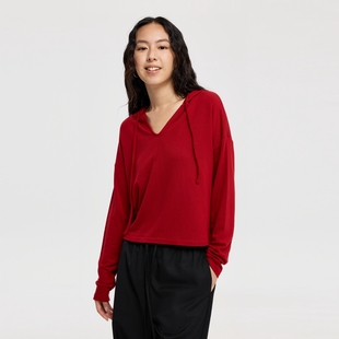 oneup美式短款红色v领连帽卫衣女春季薄款小个子宽松兔毛长袖上衣