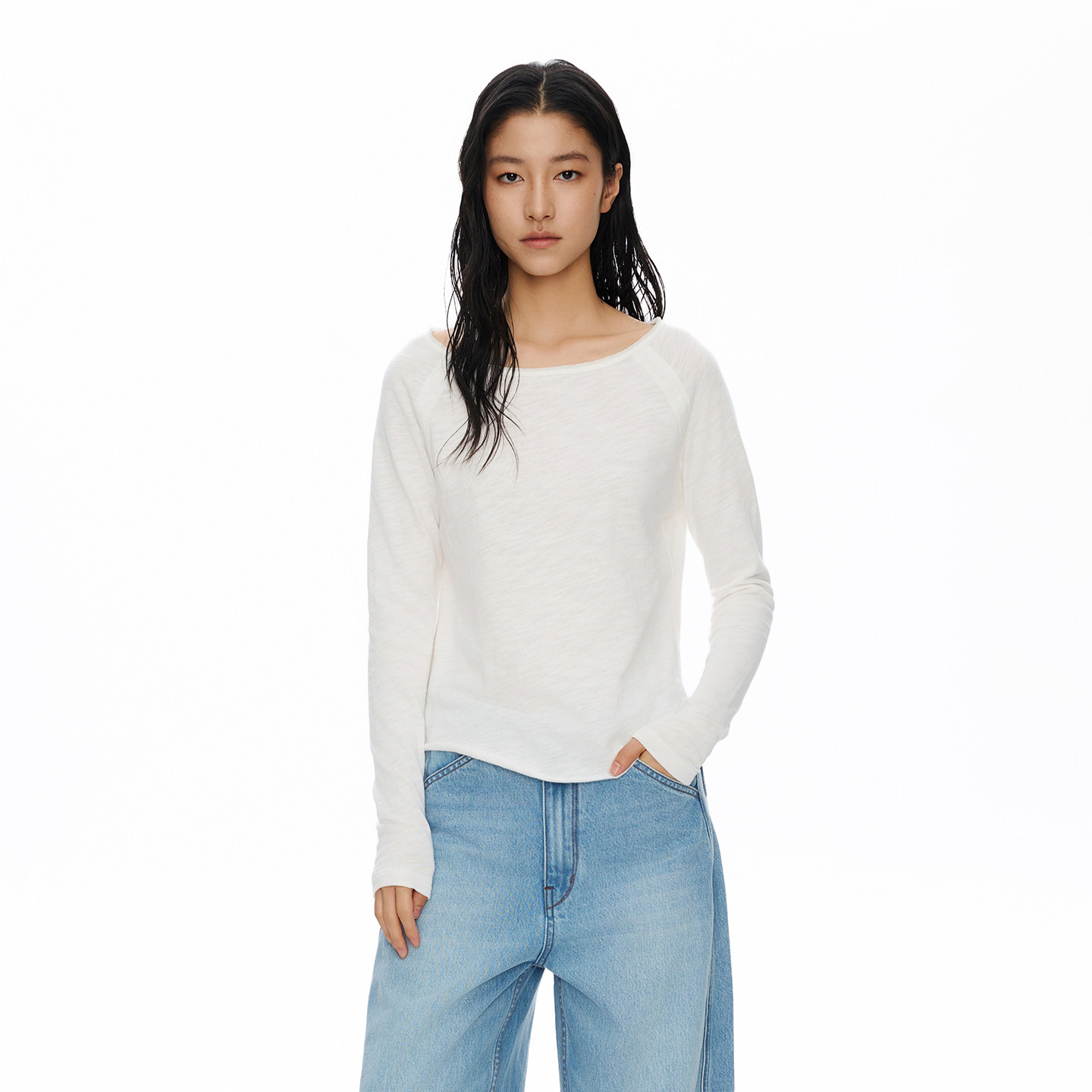 oneup散边竹节棉短款长袖t恤女春季宽松亲肤透气插肩纯棉上衣