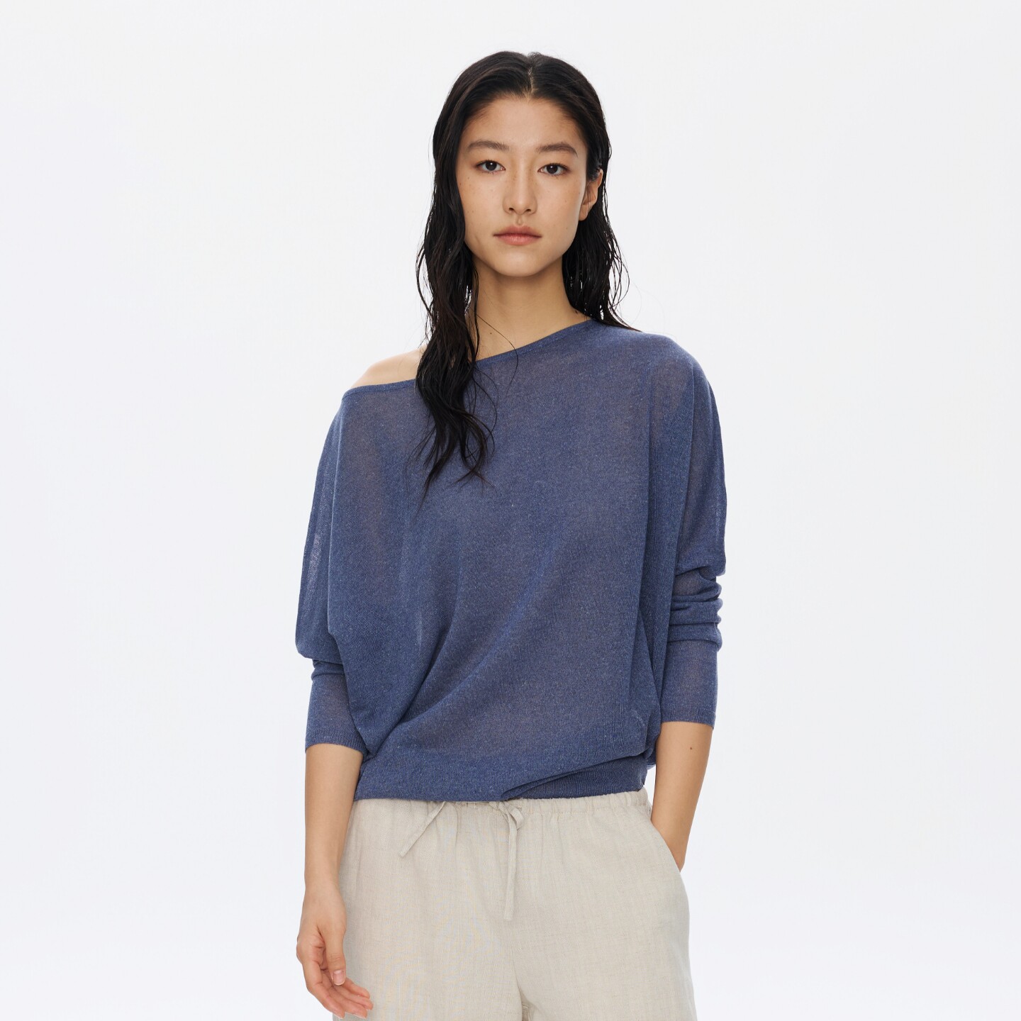 oneup莱赛尔亚麻一字肩蝙蝠袖长袖t恤女春季宽松慵懒设计感上衣