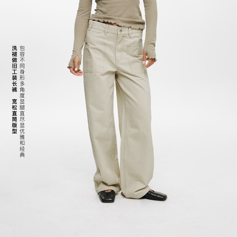 oneup洗褪做旧美式工装裤女春季全棉长裤宽松直筒卡其色休闲裤子