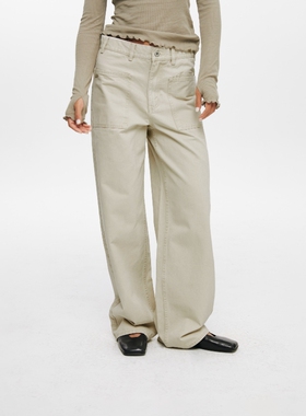 oneup洗褪做旧美式工装裤女春季全棉长裤宽松直筒卡其色休闲裤子