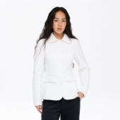 小个子美式 oneup菱形格收腰中长款 白色棉服外套女秋冬季 翻领棉衣