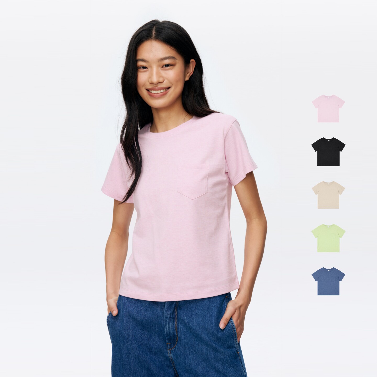 oneup花纱口袋正肩短袖t恤女夏季简约松弛感纯棉修身显瘦通勤上衣