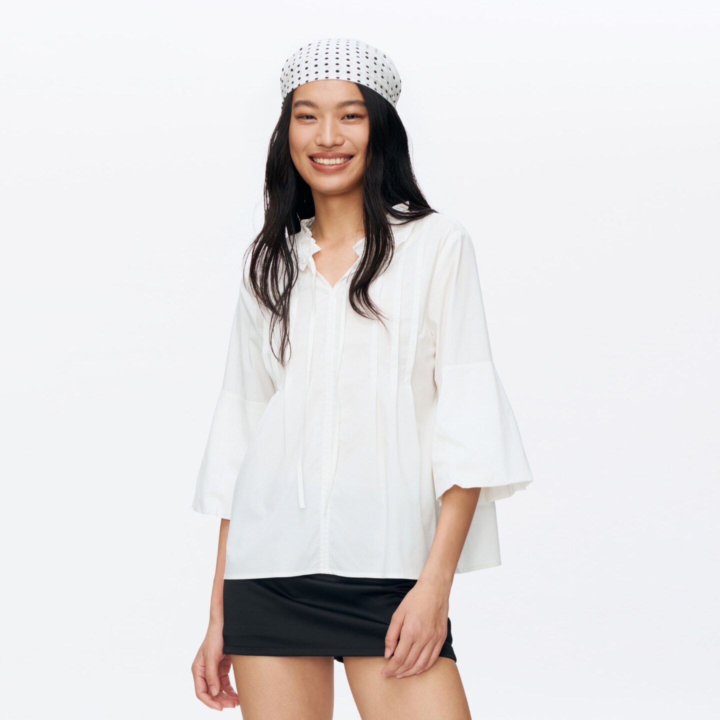 oneup莫代尔桑蚕丝木耳边花苞袖白色短袖t恤女夏季宽松七分袖上衣