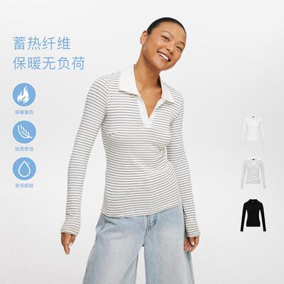 oneup翻领修身长袖t恤春季蓄热保暖通勤打底衫美式条纹POLO衫上衣