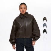 oneup美式 棉衣 拉链短款 复古PU皮衣棉服外套女秋冬季 宽松花苞袖