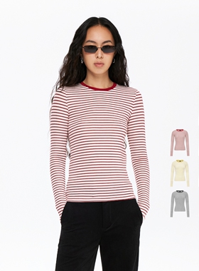 oneup天丝羊毛彩色条纹长袖t恤女春季小个子薄款针织衫修身打底衫