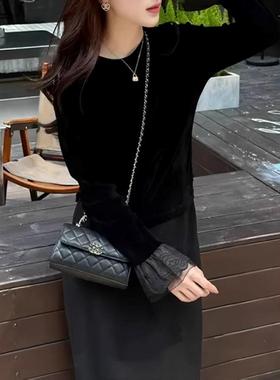大码女装高级感黑色丝绒刺绣长袖上衣秋季新款胖mm显瘦内搭打底衫