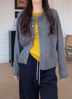 大码女装撞色假两件针织开衫长袖秋季胖mm显瘦宽松韩版慵懒风上衣