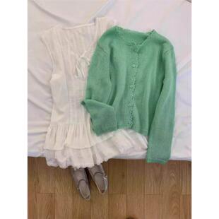 韩系慵懒苹果绿色浣熊绒毛衣外套女春秋高级感外搭多巴胺针织开衫