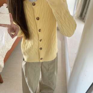 学院风短款 新款 慵懒风针织外套上衣 女2026早春季 黄色麻花毛衣开衫