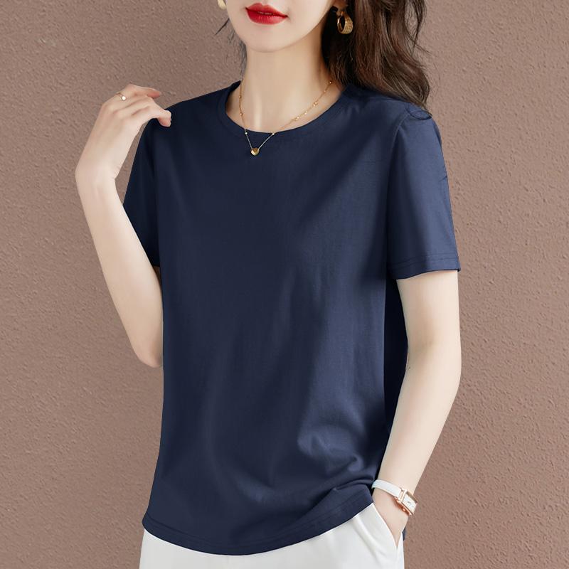 纯色圆领短袖t恤女2024新款夏季爆款修身显瘦上衣妈妈半袖体恤衫