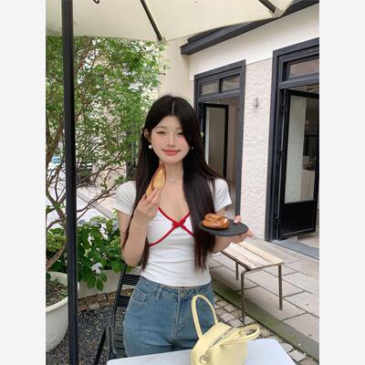 设计感撞色V领短袖T恤女
