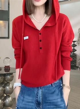 连帽半开领长袖针织衫秋季2025新款大码胖mm显瘦遮肉休闲帽衫上衣