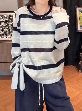 大码女装设计感绑带条纹长袖t恤早秋胖mm显瘦宽松内搭打底衫上衣