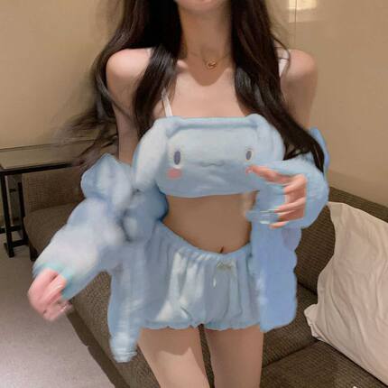 新款甜美可爱二次元加绒加厚珊瑚绒吊带抹胸两件套短裤可爱睡衣女