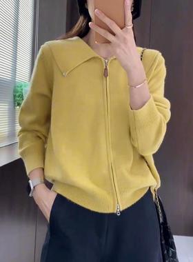 大码慵懒风双拉炼针织毛衣开衫女2025秋新款显瘦宽松休闲长袖上衣