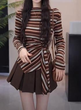 大码韩系慵懒风绑带条纹上衣女2025秋季胖MM显瘦漂亮露肩长袖T恤