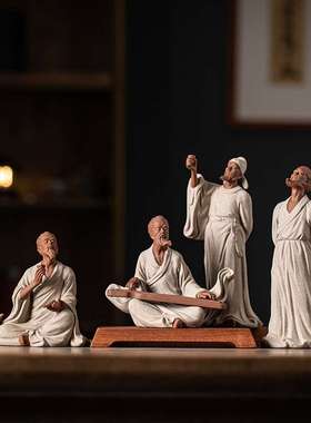 古代历史人物茶圣陆羽 伯牙抚琴 李白雕塑像书房桌面陶瓷禅意摆件