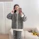 黑白条纹加厚睡衣女半边绒软绵绵加厚拉链开衫 休闲家居服套装