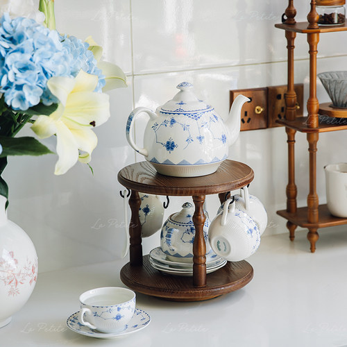 悦澜居中古桌面杯碟咖啡杯收纳旋转杯架家用客厅茶几置物架茶壶架