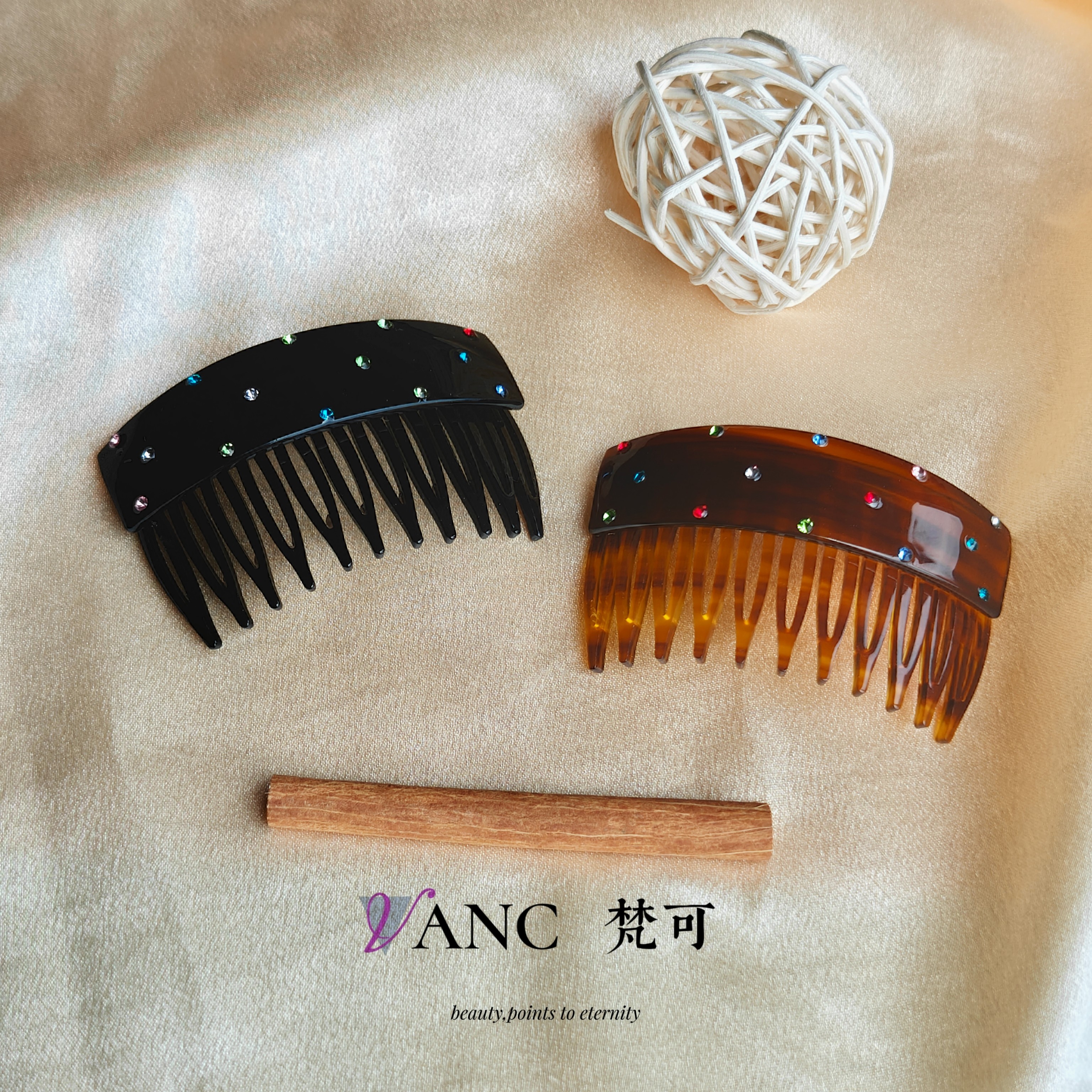 梵可Vanc  醋酸彩钻倒插梳高级感蓬松公主头刘海齿梳洋气优雅复古