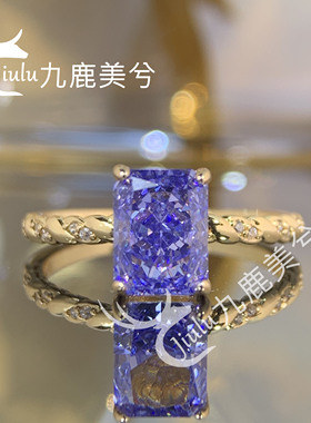 培育冰花切2克拉雷迪恩坦桑蓝戒指厚镀18K金镶嵌6*8长方钻戒彩宝